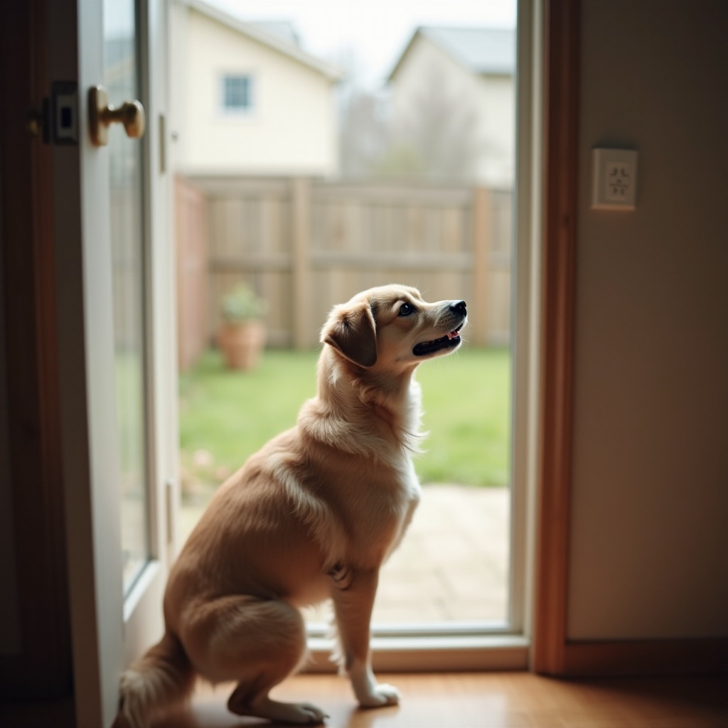 de hond jankt om naar buiten te gaan maar doet niets